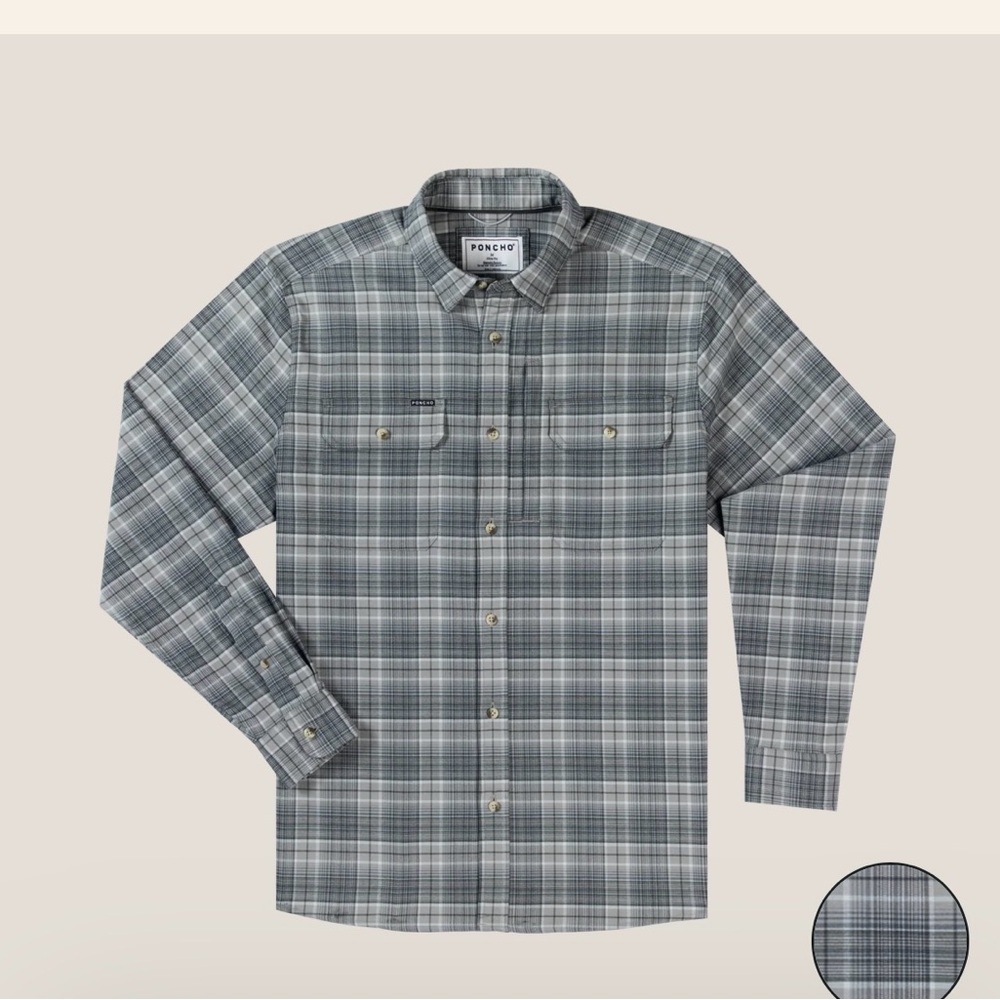 Poncho Shirt Mens M gray White Plaid Flannel Regular Fit Magnetic Pockets